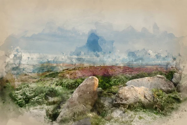 英格兰山顶地区夏雾层叠从希格托尔向希望谷的壮丽日出景观图像水彩画 — 图库照片