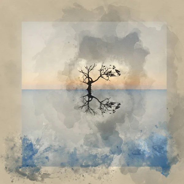 Watercolor Painting Conceptual Image Single Tree Still Water — Stock Photo, Image
