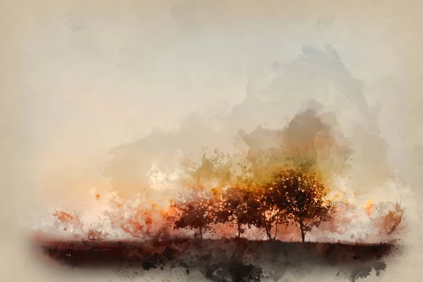 Aquarela Pintura Deslumbrante Nevoeiro Outono Nascer Sol Inglês Paisagem Rural — Fotografia de Stock