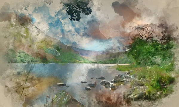 斯诺多尼亚国家公园Llyn Gwynant上空美丽多彩的日出的水彩画 距离斯诺多纳山脉 — 图库照片