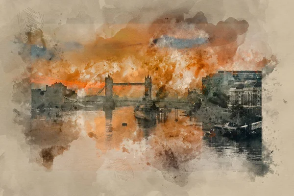 Aquarela Pintura Outono Impressionante Outono Nascer Sol Sobre Tower Bridge — Fotografia de Stock