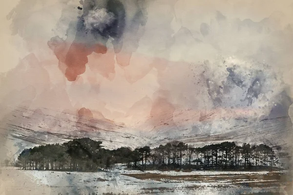 Aquarell Gemälde Von Atemberaubendem Rosa Sonnenaufgang Über Berg Winterlandschaft — Stockfoto