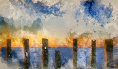 Watercolor painting of Old groynes decaying on beach against incoming tide at sunrise clipart