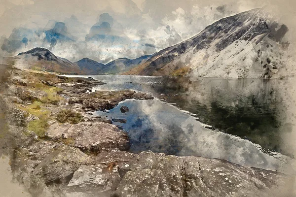 Pintura Aquarela Paisagem Deslumbrante Águas Residuais Com Montanhas Refletidas Água — Fotografia de Stock