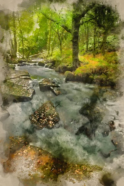 Aquarelle Peinture Paysage Iamge Rivière Coulant Travers Forêt Verte Luxuriante — Photo