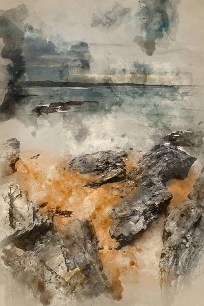 Aquarelle Superbe Lever Soleil Paysage Godrevy Sur Côte Cornouailles Angleterre — Photo