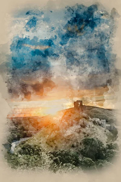 Aquarell Gemälde Von Schloss Corfe Sommer Sonnenaufgang Landschaft — Stockfoto