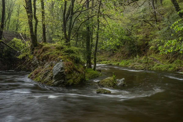 Hermosa Imagen Del Paisaje Primavera Watrersmeet Devon Inglaterra Donde Dos — Foto de Stock