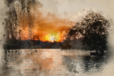 İngiliz kırsalındaki sakin gölün üzerinde Güzel Bahar Gündoğumu 'nun suluboya resmi