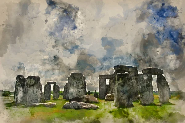 Pintura Acuarela Stonehenge Está Alineada Con Amanecer Mediados Verano Atardecer — Foto de Stock