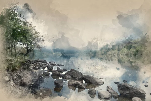 Aquarelverf Schilderij Van Het Landschap Van Llyn Crafnant Tijdens Mistige — Stockfoto