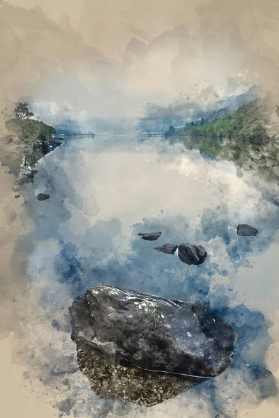 Watercolor Painting Landscape Llyn Crafnant Foggy Morning Snowdonia National Park — стокове фото