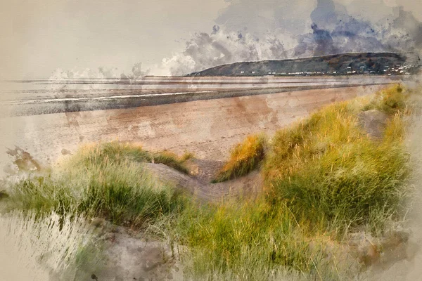 Aquarellmalerei Des Abends Sommerlandschaft Über Grasbewachsene Sanddünen Strand — Stockfoto
