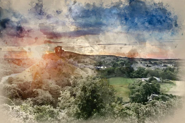 Watercolour Painting Castle Ruins Landscape Sunrise Sunburst Castle — Stock Photo, Image