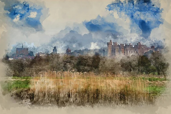 Aquarellmalerei Von Schloss Arundel Morgenlandschaft Vom Fluss Arun Aus Gesehen — Stockfoto