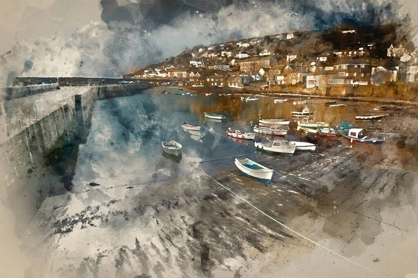 Akvarel Malba Tradiční Cornwallské Rybářské Vesnice Přístavu Cornwall Anglie — Stock fotografie