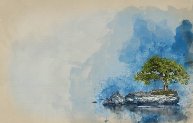 Kayalar ve hareket bulanıklığıyla karamsar, dramatik deniz manzarasının suluboya resmi