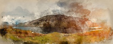 Watercolor painting of Stunning sunset landscape image of Wast Water and mountains in Lkae District in Autumn in England clipart