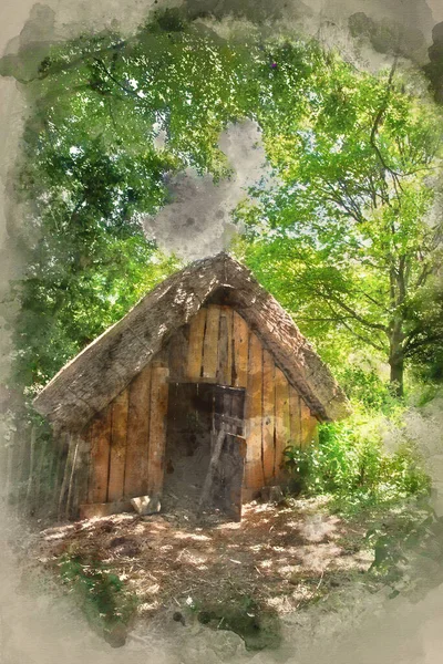 Aquarelle 18Ème Siècle Bûcherons Médiévaux Hangar Dans Forêt — Photo