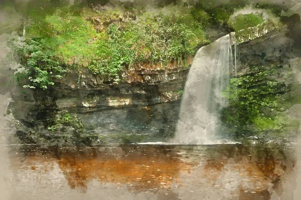 Aquarell Gemälde Von Schöne Bild Des Wasserfalls Wald Mit Stroh — Stockfoto