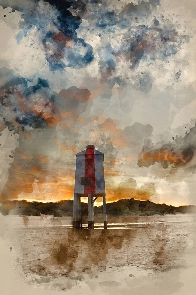 Watercolor Painting Stunning Landscape Sunrise Stilt Lighthouse Beach — Stock Photo, Image