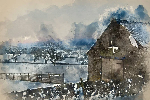 Pintura Acuarela Hermoso Amanecer Cubierto Nieve Paisaje Invierno — Foto de Stock