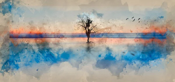 Akvarel Malby Konceptuálního Výtvarného Obrazu Stromu Ptáků Klidných Vodách — Stock fotografie