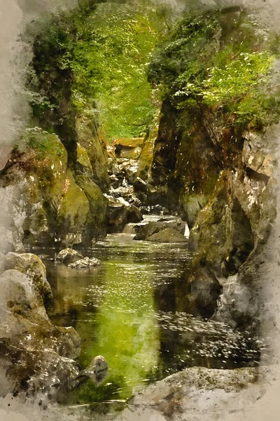 Aquarelle Beau Paysage Éthéré Gorge Profonde Avec Des Parois Rocheuses — Photo