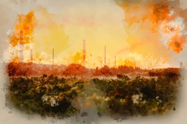 Watercolour painting of Image with orange tint to highlight the impact of industrial chimney stacks polluting the air in a natural landscape setting