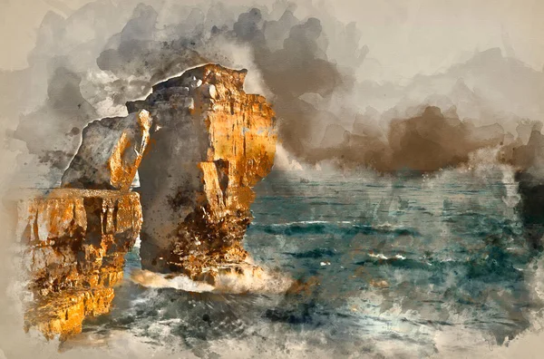 Watercolour painting of Waves crashing over rock formation cliffs at sunset with beautiful light on rock faces