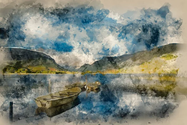 Watercolour Painting Landscape Image Rowing Boats Llyn Nantlle Snowdonia National — Stock Photo, Image