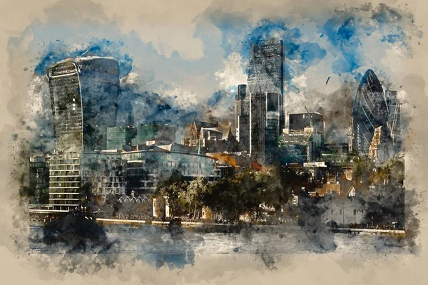 Watercolor Painting Landscape London Iconic Landmark Buildings — стокове фото