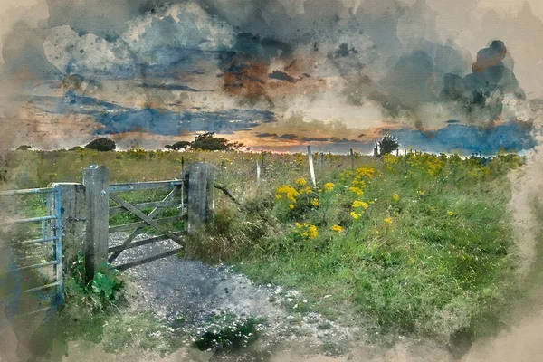 英语滚动农村美丽落日景观图像的水彩画 — 图库照片