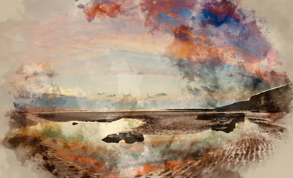 Akvarel Malby Ohromující Panorama Západu Slunce Nad Dunraven Bay Walesu — Stock fotografie
