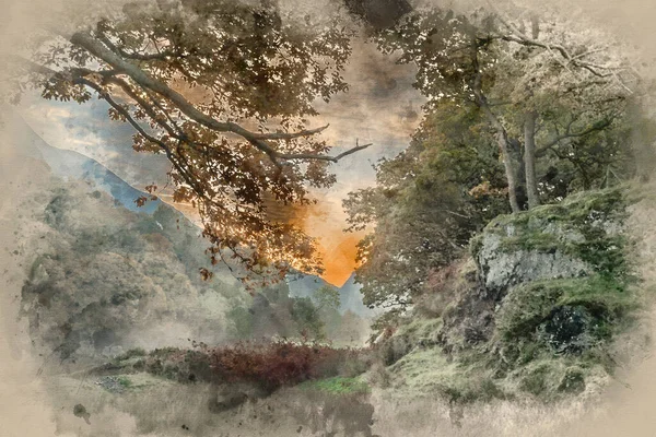 Aquarell Gemälde Von Schöner Nebliger Herbstsonnenaufgang Über Der Landschaft Rund — Stockfoto