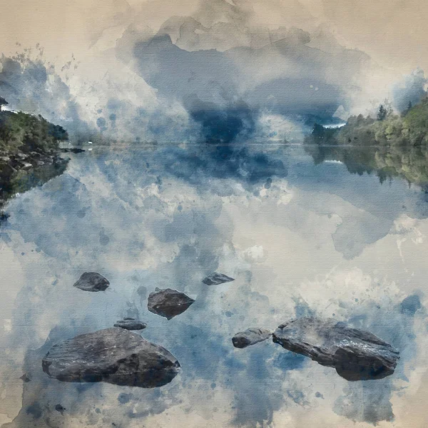 Aquarelle Paysage Llyn Crafnant Pendant Matinée Brumeuse Dans Parc National — Photo