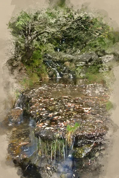 夏の小さな滝の長時間露光風景画像の水彩画 — ストック写真