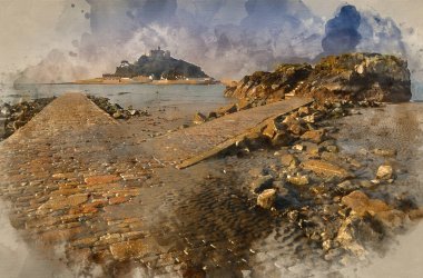 Marazion 'dan Aziz Michael Dağı' na giden yolun suluboya resmi alçak gelgit manzarası Cornwall İngiltere