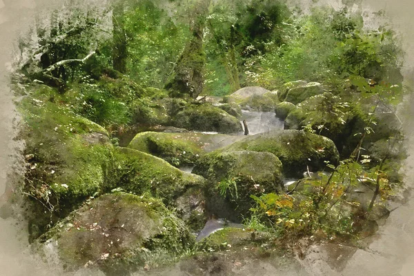 Watercolour Painting Becky Falls Waterfall Landscape Dartmoor National Park England — Stock Photo, Image