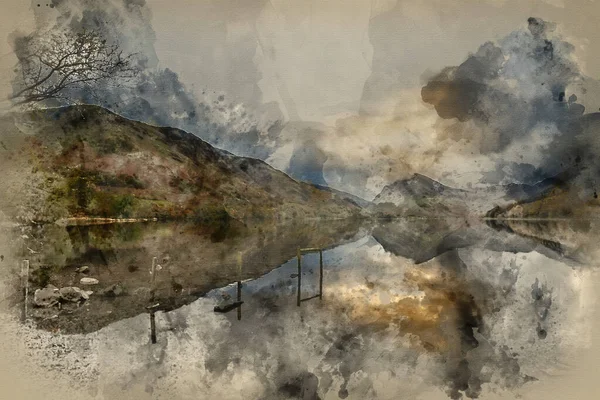 Aquarela Pintura Outono Impressionante Outono Paisagem Imagem Lago Buttermere Lake — Fotografia de Stock