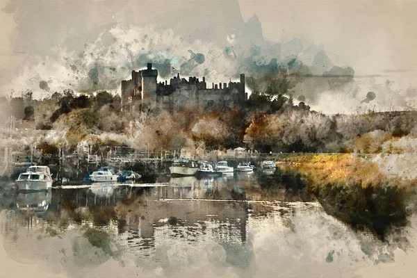Aquarellmalerei Der Landschaft Bild Der Mittelalterlichen Burg Über Den Fluss — Stockfoto