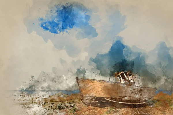 Watercolour painting of Abandoned fishing boat on shingle beach landscape at sunset