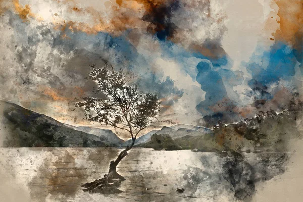 Aquarelle Belle Image Paysage Llyn Padarn Lever Soleil Dans Parc — Photo