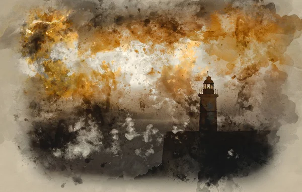 Vízfestékkel Festett Lenyűgöző Napkelte Óceán Felett Világítótorony Kikötő Fal — Stock Fotó