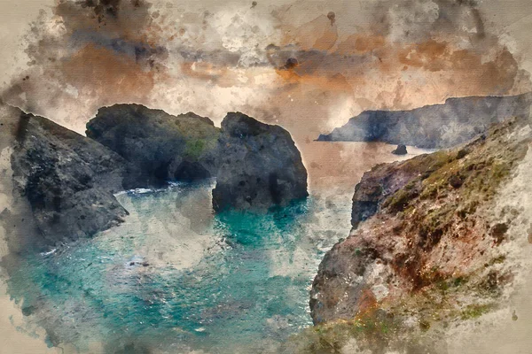 Pintura Acuarela Puesta Sol Primavera Marea Alta Kynance Cove — Foto de Stock