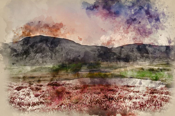 Pintura Acuarela Del Impresionante Paisaje Montaña Amanecer Con Colores Vibrantes — Foto de Stock