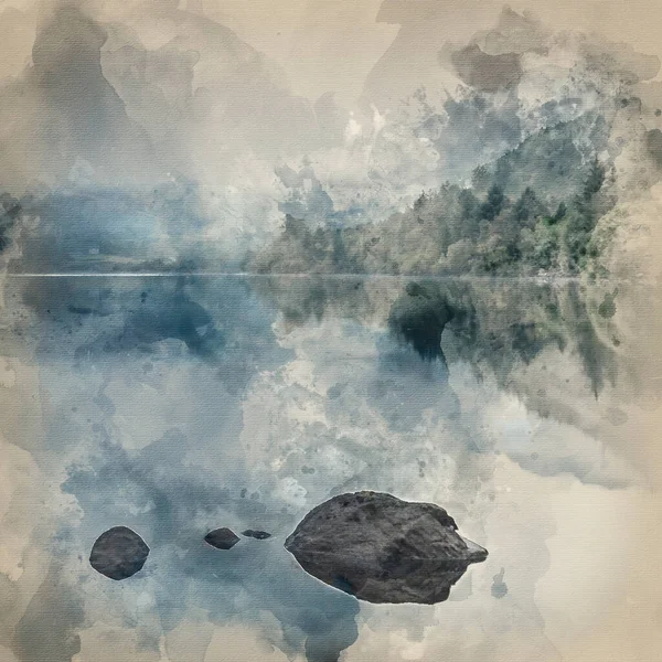 Aquarelle Paysage Llyn Crafnant Pendant Matinée Brumeuse Dans Parc National — Photo