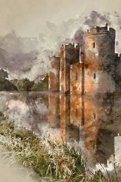 Υδατογραφία Του Όμορφου Μεσαιωνικού Κάστρου Και Τάφρου Στην Ανατολή Ομίχλη — Φωτογραφία Αρχείου