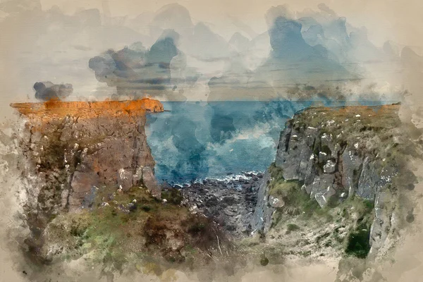 威尔士彭布罗克郡海岸圣戈万海角周围悬崖的美丽景观图像水彩画 — 图库照片