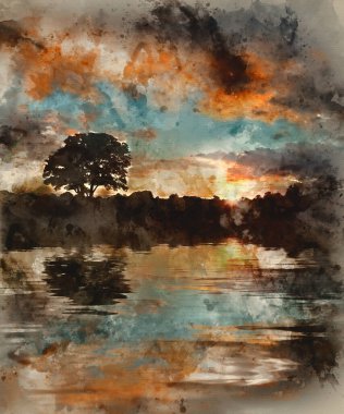 Güzel Sumer gün batımı silueti gölün durgun sularına yansıdı.